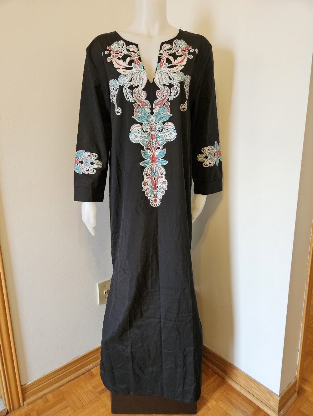 Black Embroidered Long Women's Dress with Turquoise & Pink Accents